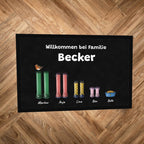 Fußmatte „Willkommen bei Familie Becker“ mit bunten Gummistiefeln, einem Napf und Namen darunter, auf Parkettboden
