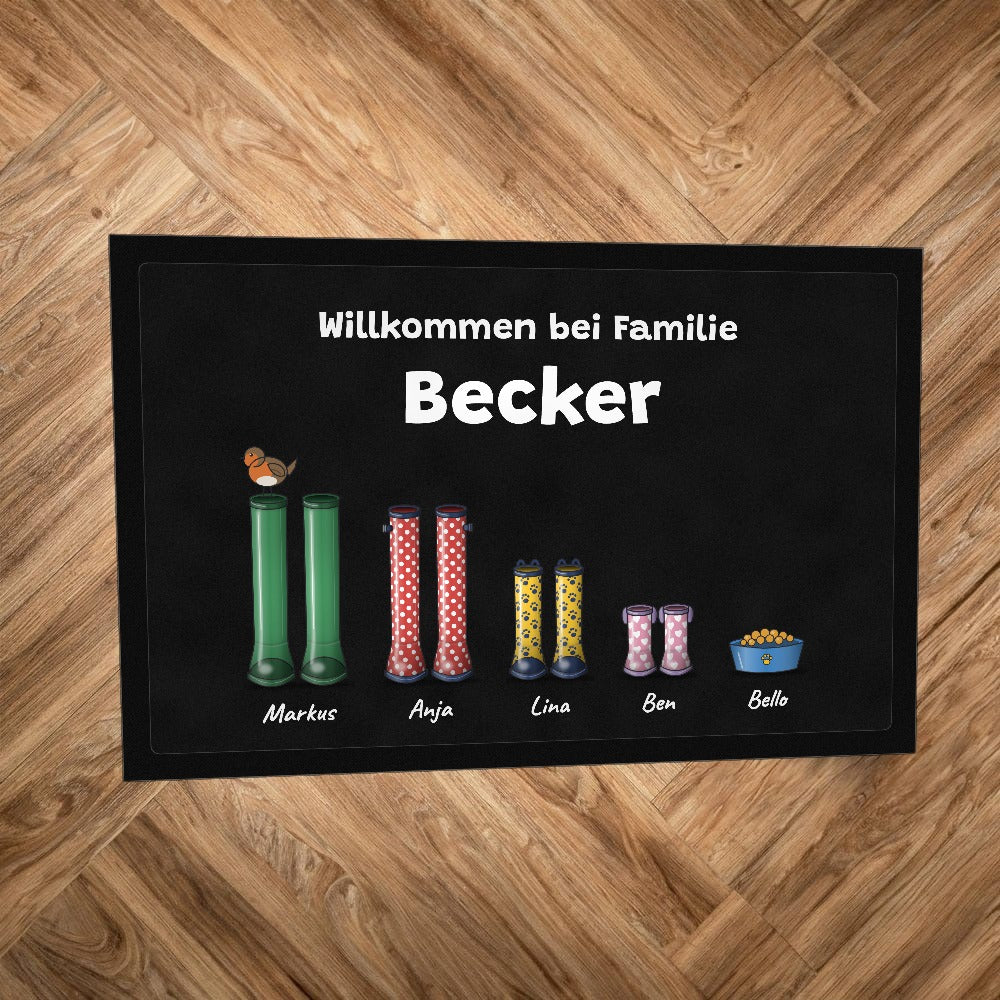 Fußmatte „Willkommen bei Familie Becker“ mit bunten Gummistiefeln, einem Napf und Namen darunter, auf Parkettboden