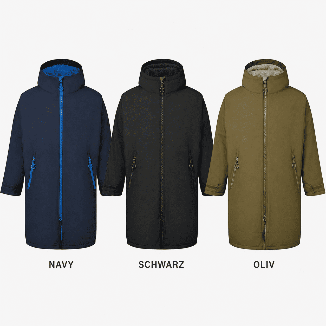 Mantel Farben:  Black/Charcoal – klassisch & unempfindlich;  Navy/Sapphire – sportlich-elegant; Olive/Natural – perfekt für die Natur