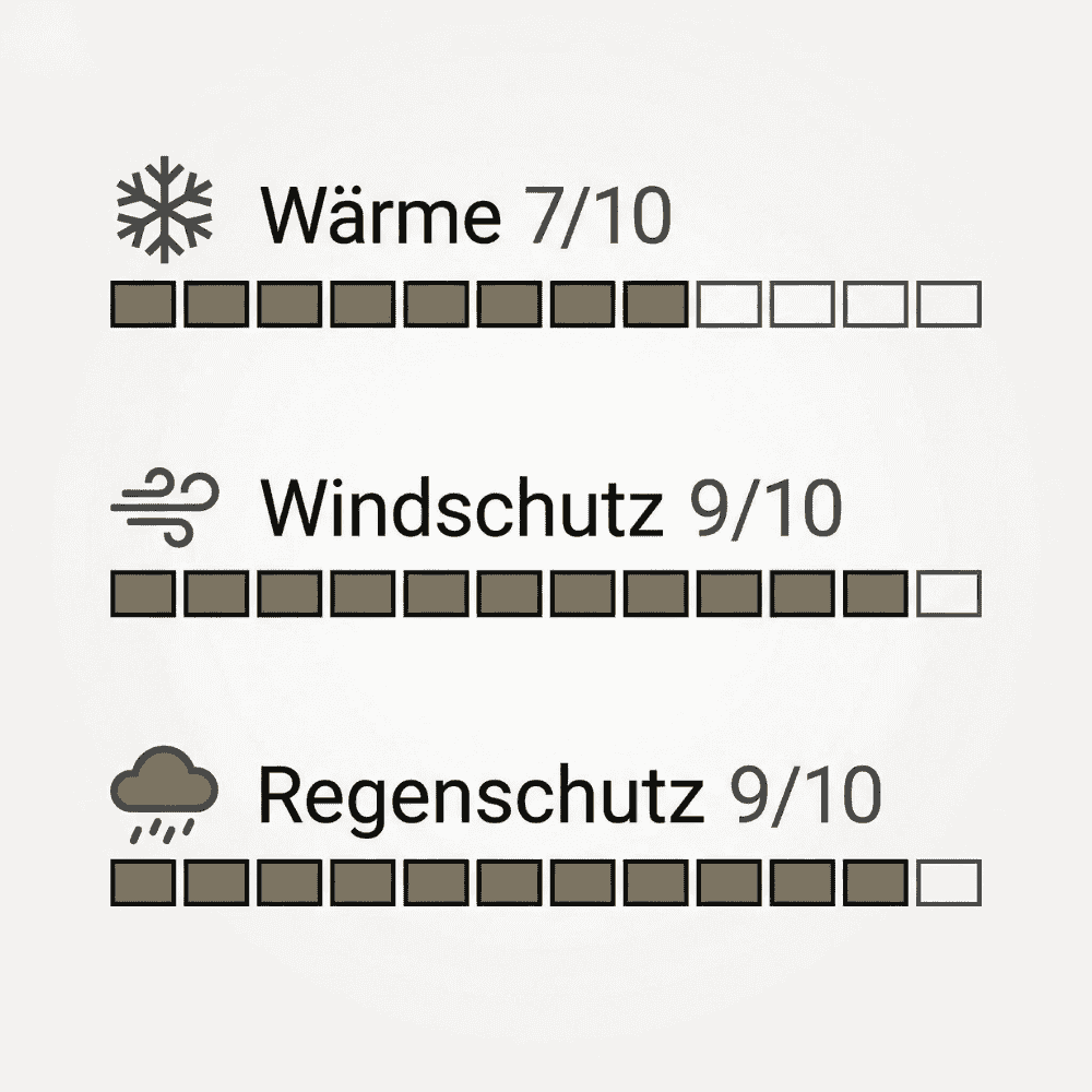 Performance-Übersicht des Outdoor-Hundemantels mit hoher Wind- und Regenfestigkeit sowie ausgewogener Wärmeisolierung.