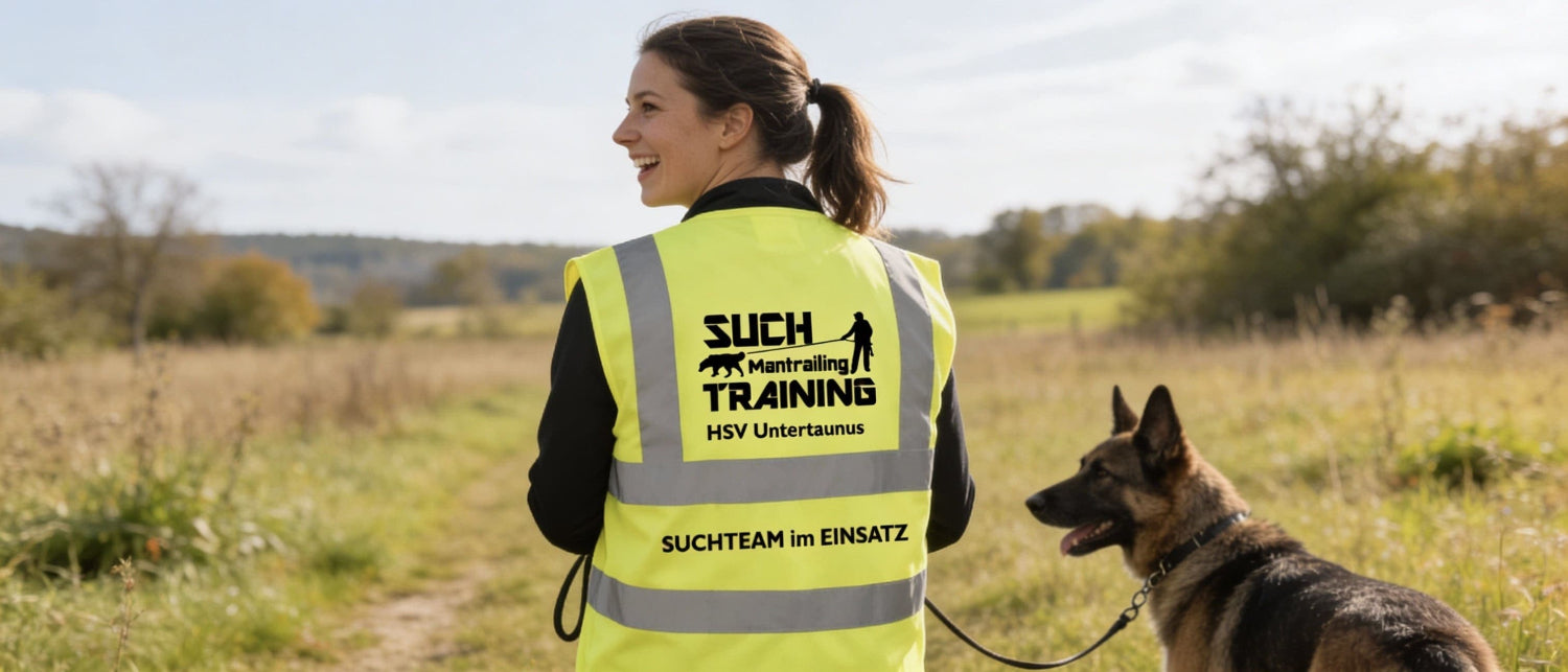 Mantrailing Ausrüstung Personalisierbar mit 20 exklusive Mantrailing-Designs –  für Warnwesten, Hundesportwesten, Rucksäcke, Taschen, Mäntel & mehr.