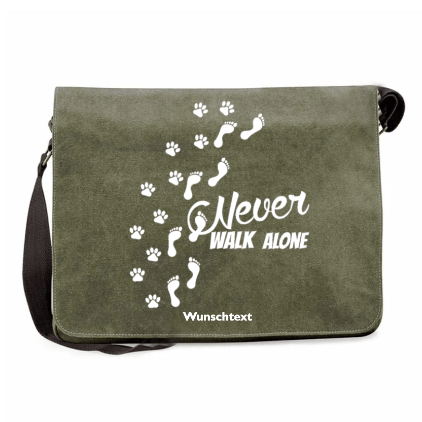 Messenger Bag für Hundebesitzer mit Never Walk alone  Schriftzug oliv