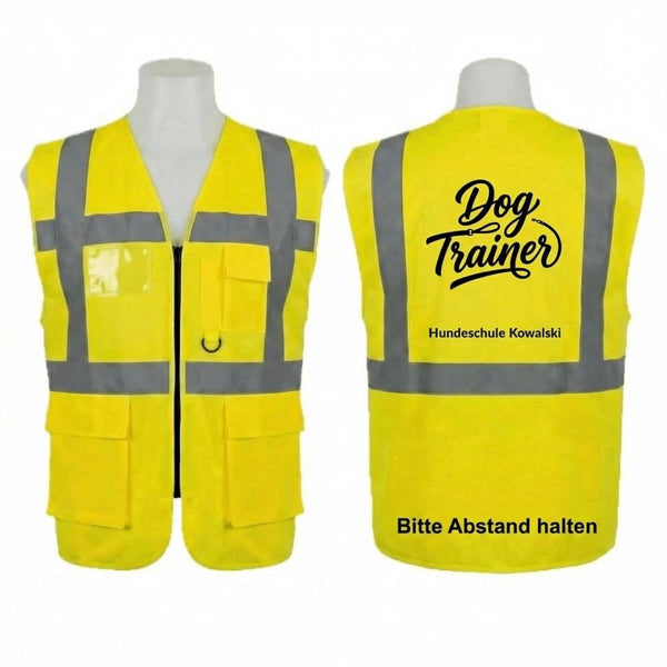 Neongelbe Warnweste für Hundetrainer mit Reflektoren und Wunschtext
