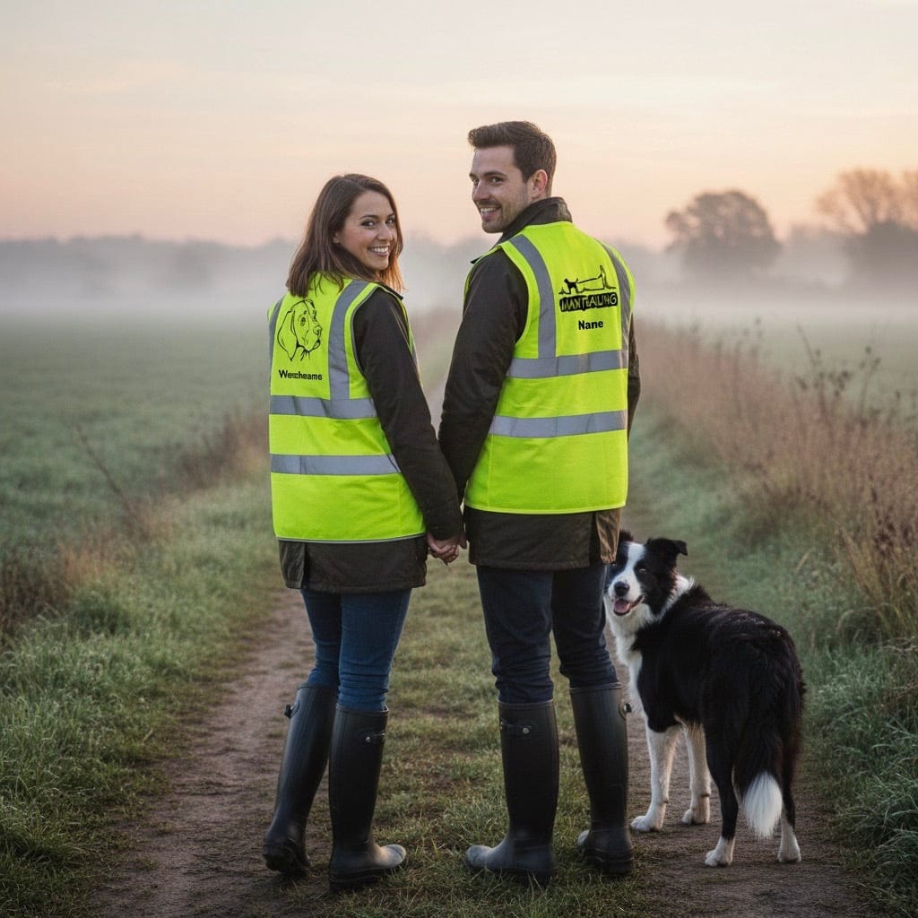 Paar mit personalisierten Warnwesten  mit Hund Mantrailing und Hunderasse Motiv