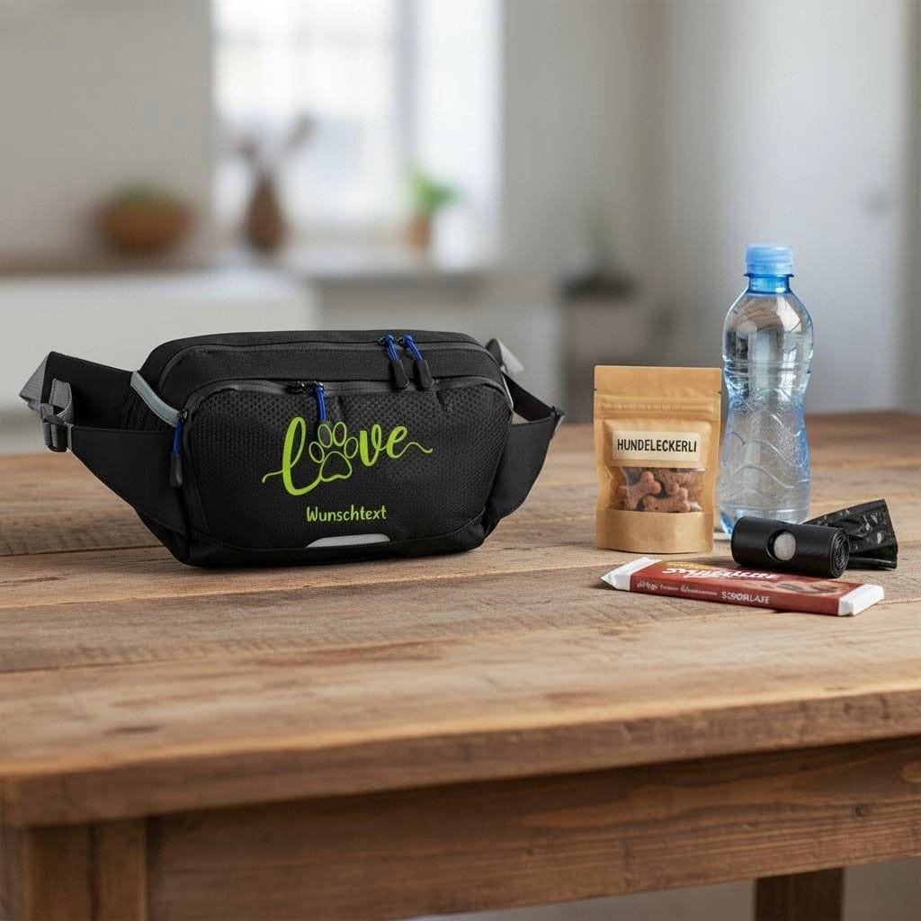 Hüfttasche Hydro mit Motiv Love auf Holztisch