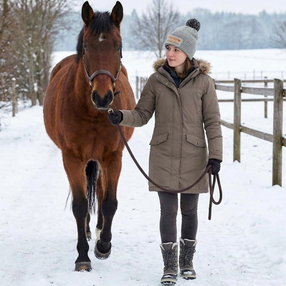 Kuschelige schwarze Strickmütze für Pferdeliebhaber mit Horse-Mom-Design