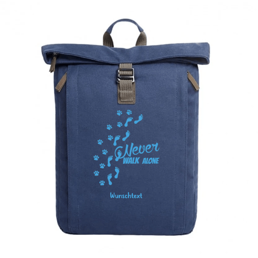 Rolltop Canvas Rucksack personalisiert für Hundebesitzer Never walk alone Pfoten navy