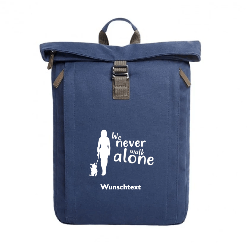 Rolltop Canvas Rucksack personalisiert für Hundebesitzer we never walk alone navy