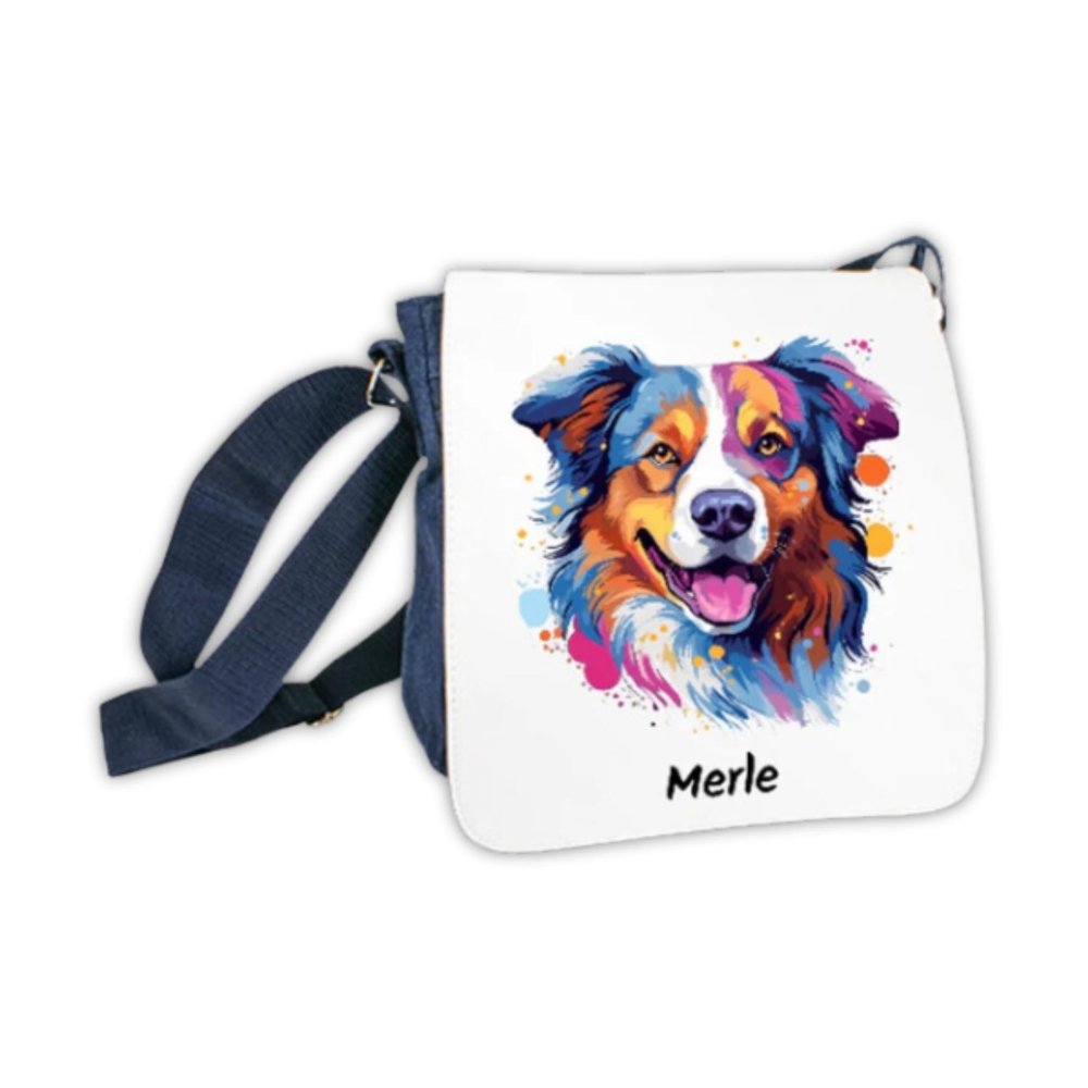 Schultertasche mit bunter Hunderasse und Wunschnamen