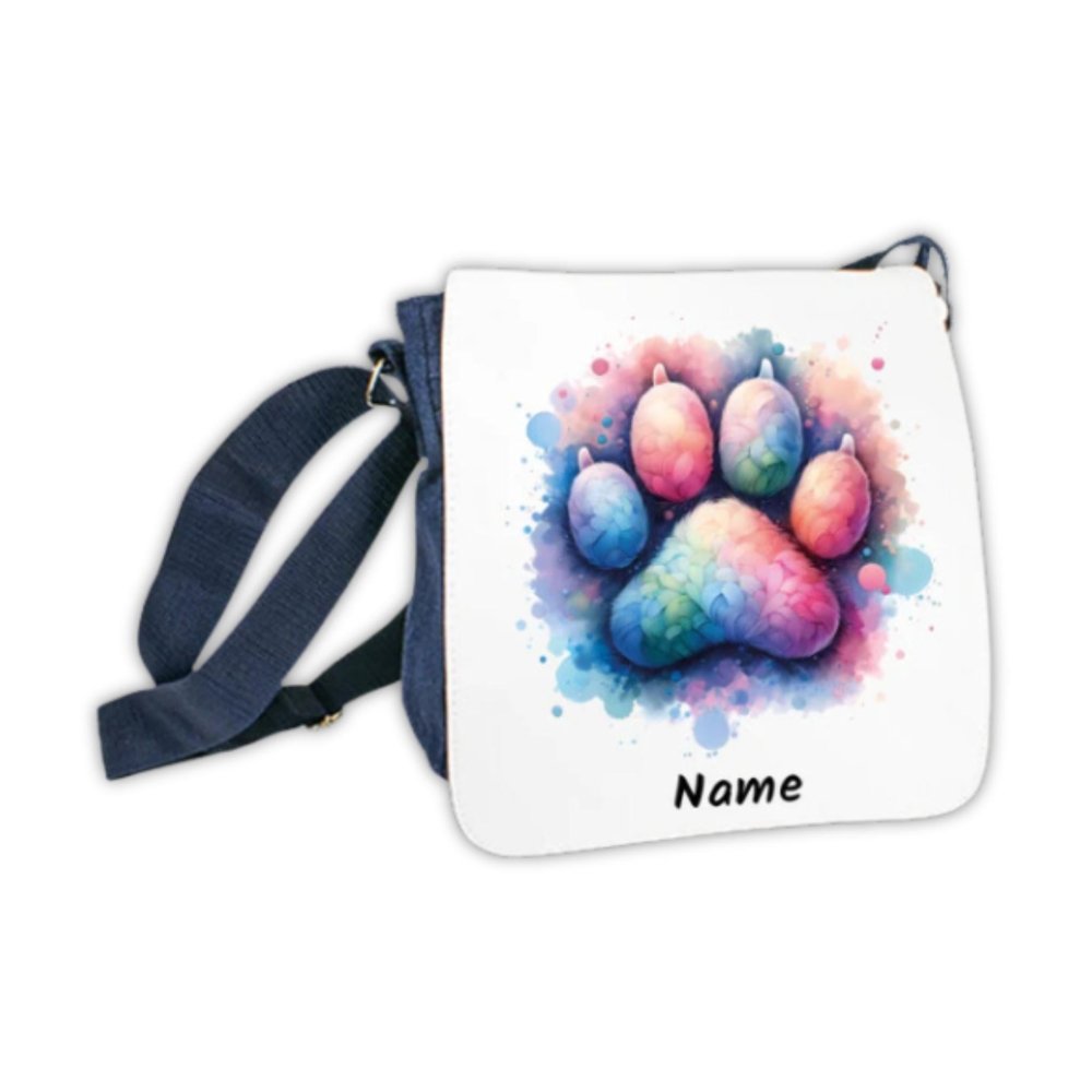 Schultertasche mit bunter Pfote und Wunschnamen