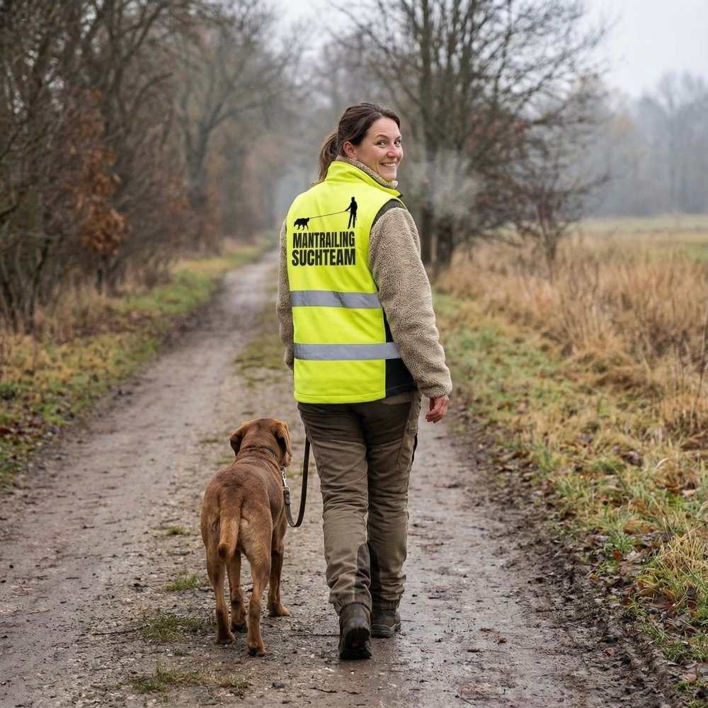 Eine Frau mit Hund trägt die Softshell Hundesportweste Mantrailing Edition