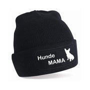 Schwarze Beanie mit Hunde-Mama-Schriftzug und Rassesilhouette