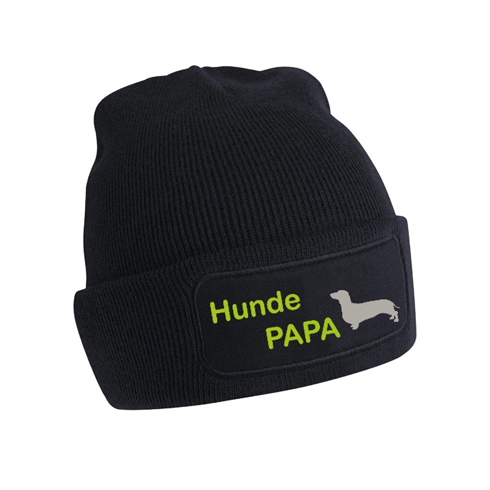 Strickmütze Hundepapa Hunderasse bunter Druck