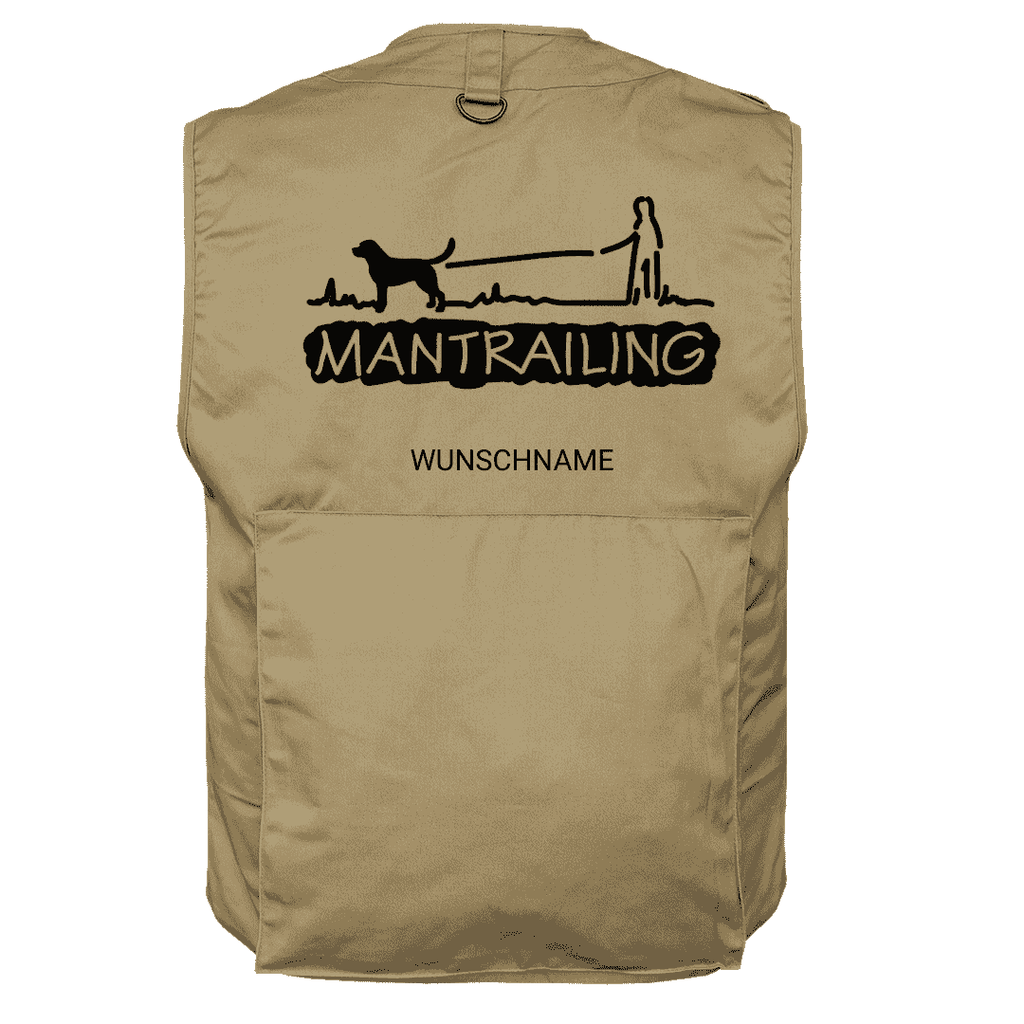 Eine beige Hundesportweste mit dem Schriftzug Mantrailing