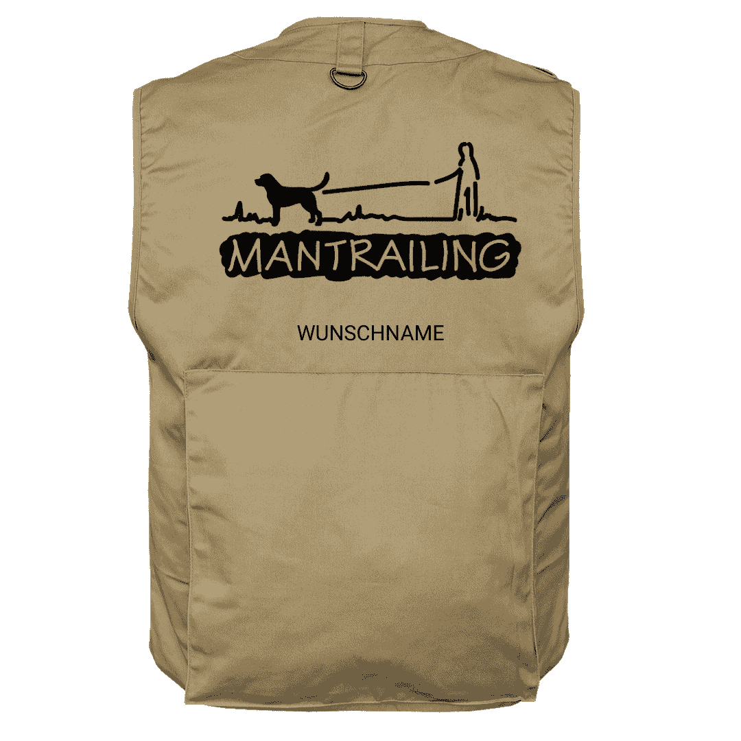 Eine beige Hundesportweste mit dem Schriftzug Mantrailing