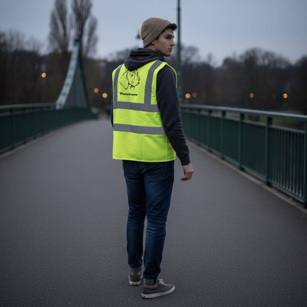 Ein Mann mit einer personalisierten Warnweste steht auf einer Brücke