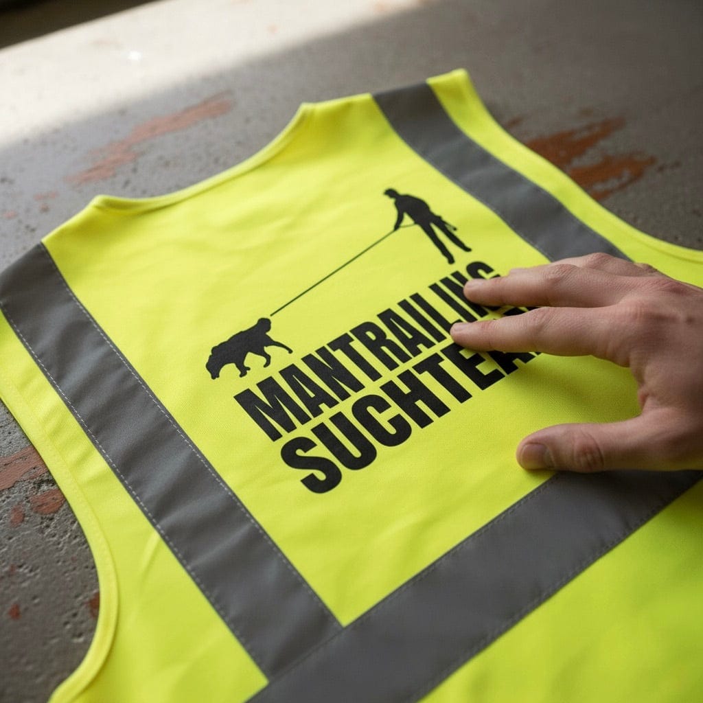 Nahaufnahme von personalisierter Warnweste mit Aufdruck Mantraling Suchteam