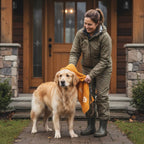 Hund wird abgertrocknet mit personalisierbaren Hundehandtuch