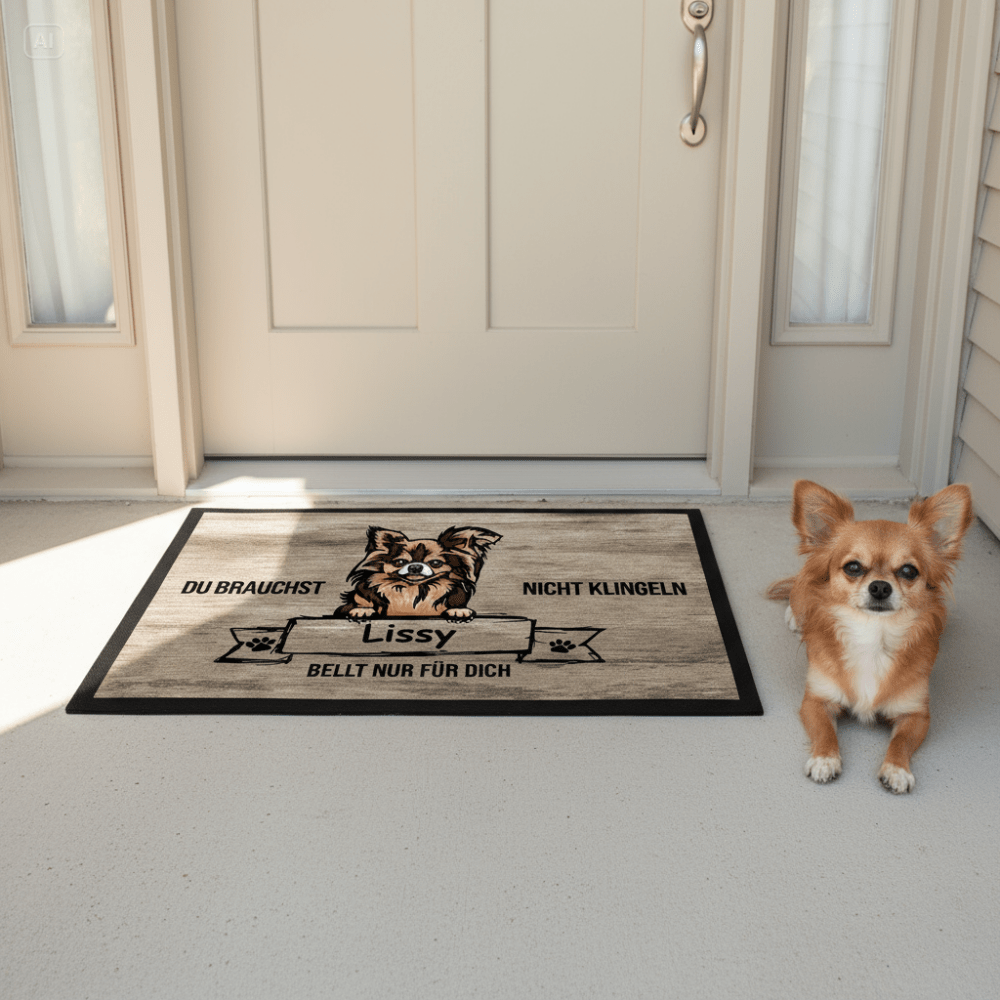 Chihuahua Fußmatte vor einem Hauseingang