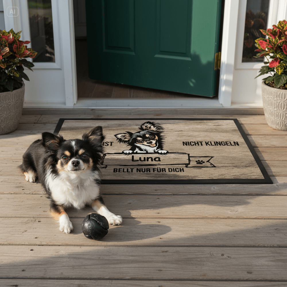 Chihuahua Fußmatte vor einem Hauseingang