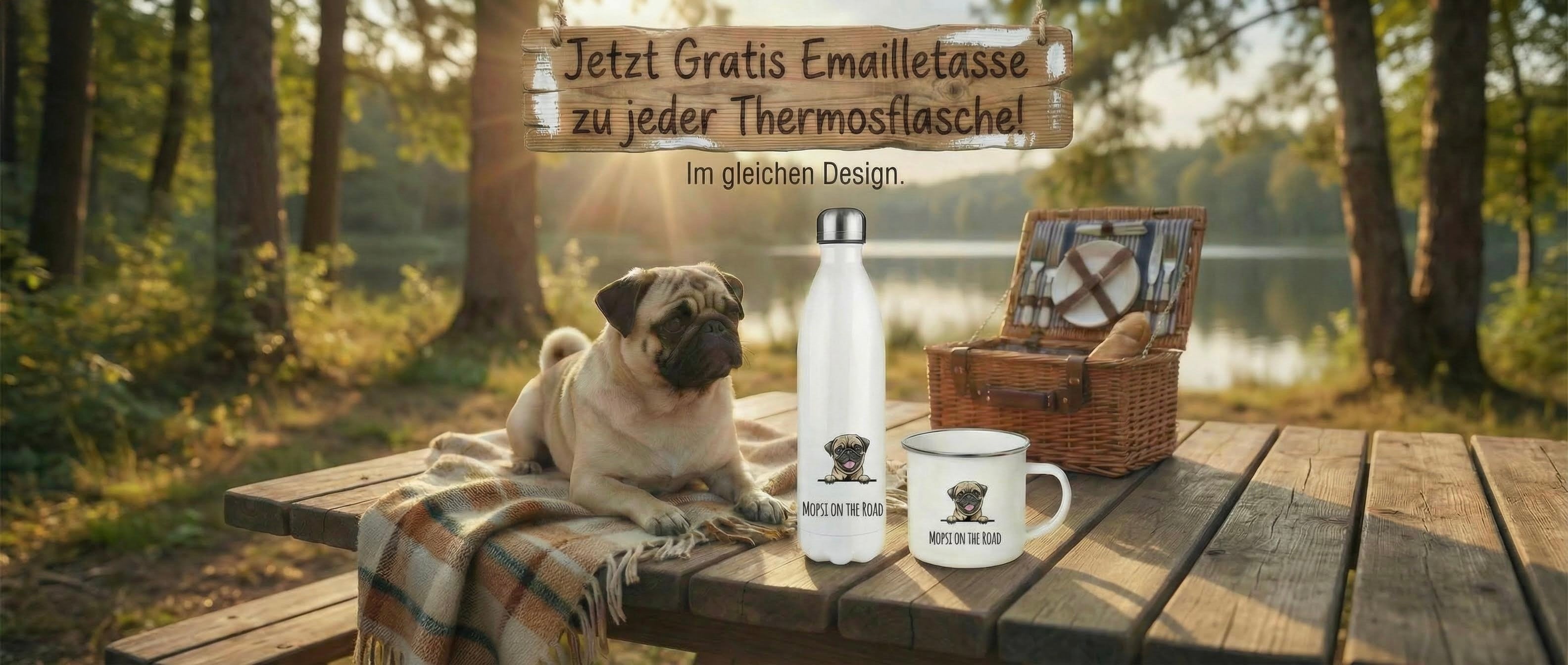 Gratis Tasse zu jeder personalisierten Thermosflasche. Bild mit Mops und Herbstimmung.