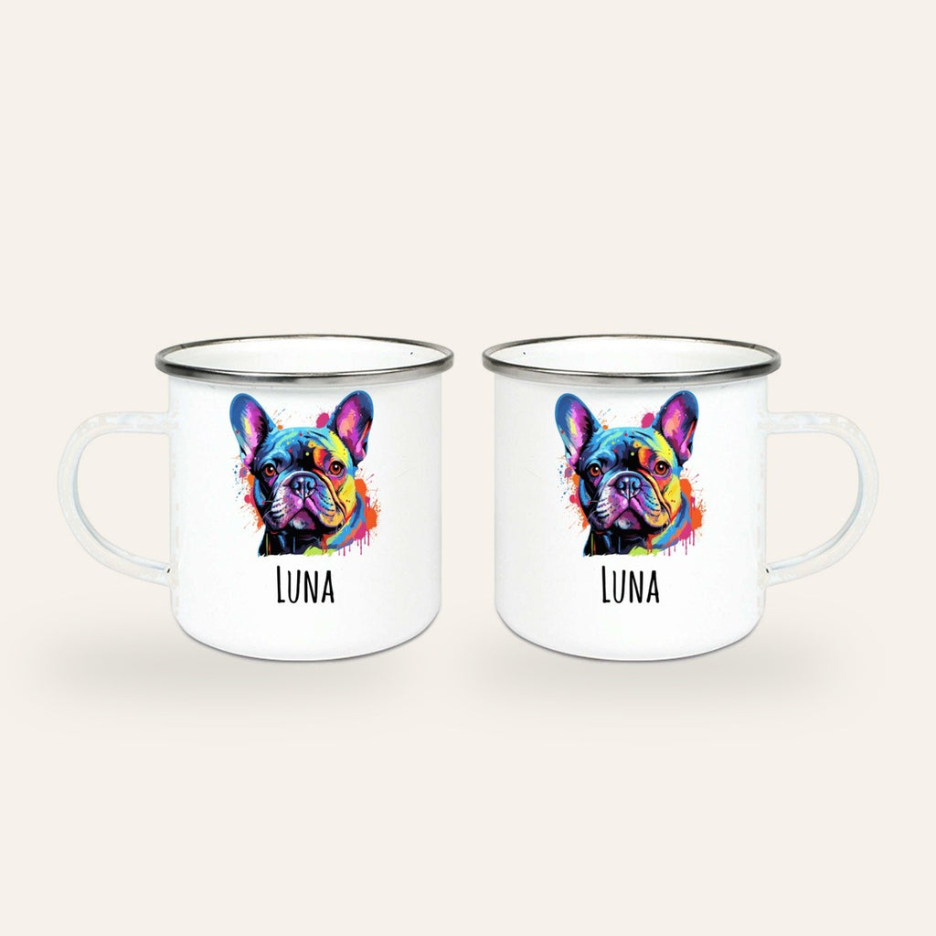 Weißer Emaillebecher mit silbernem Rand, buntes Pop-Art-Porträt einer Französischen Bulldogge und Name Luna, Ansicht beider Seiten