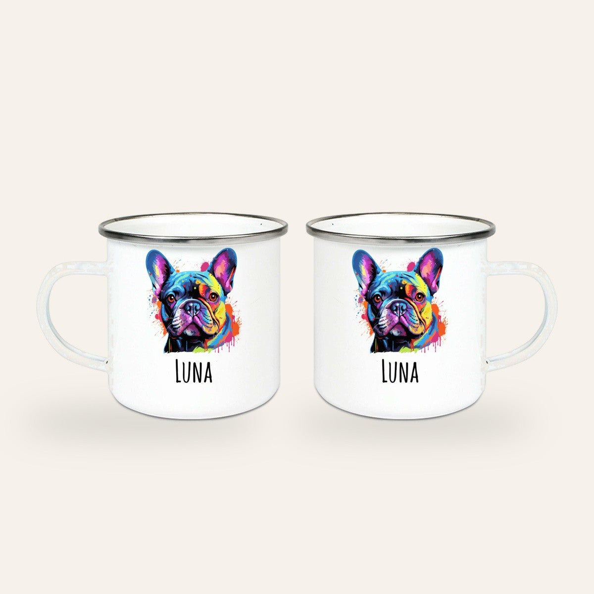 Weißer Emaillebecher mit silbernem Rand, buntes Pop-Art-Porträt einer Französischen Bulldogge und Name Luna, Ansicht beider Seiten