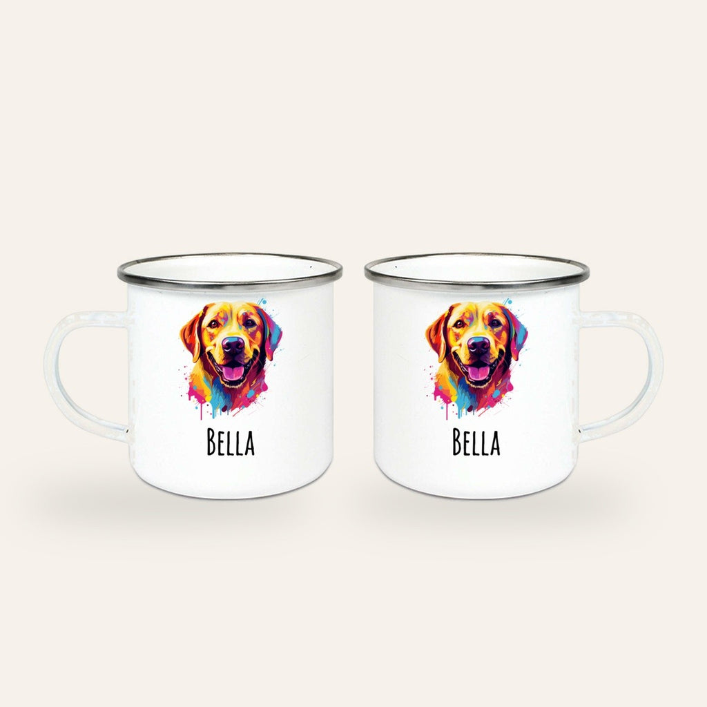 Weißer Emaillebecher mit silbernem Rand, buntes Pop-Art-Porträt eines Labrador Retrievers und Name Bella, Ansicht beider Seiten