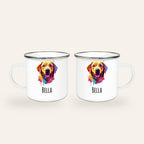 Weißer Emaillebecher mit silbernem Rand, buntes Pop-Art-Porträt eines Labrador Retrievers und Name Bella, Ansicht beider Seiten