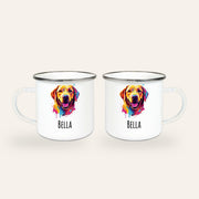 Weißer Emaillebecher mit silbernem Rand, buntes Pop-Art-Porträt eines Labrador Retrievers und Name Bella, Ansicht beider Seiten