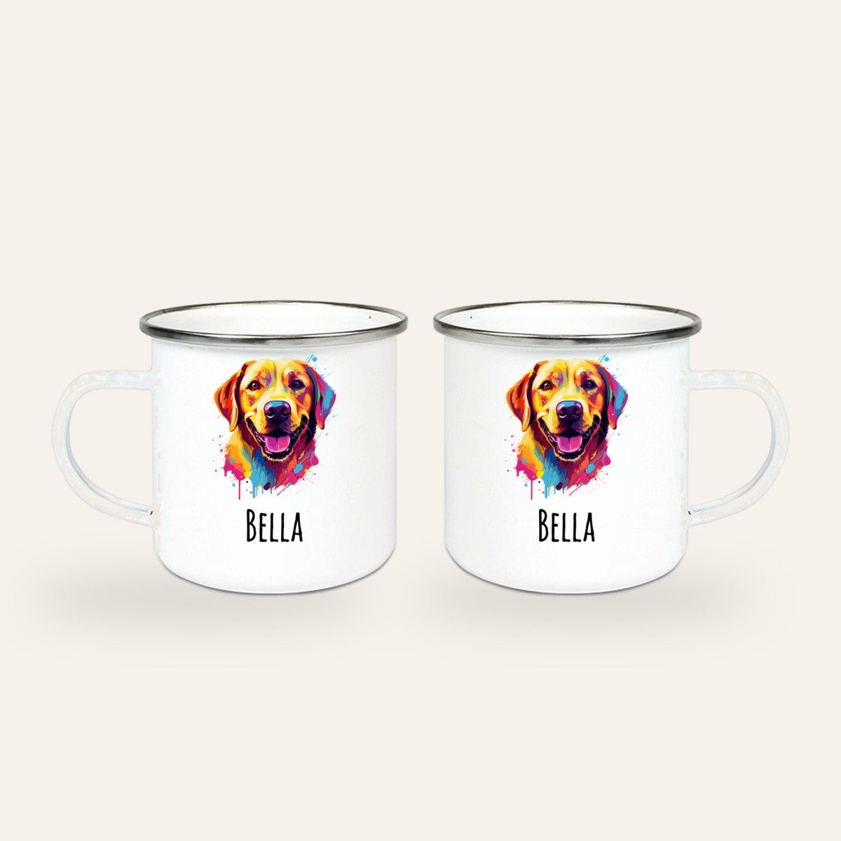 Weißer Emaillebecher mit silbernem Rand, buntes Pop-Art-Porträt eines Labrador Retrievers und Name Bella, Ansicht beider Seiten