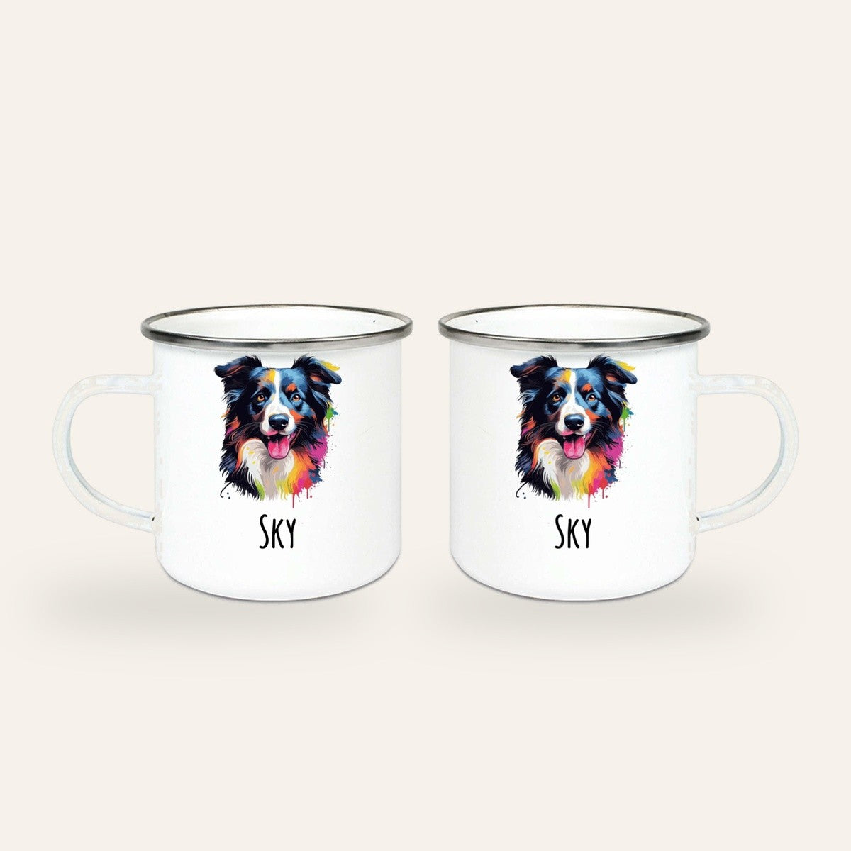 Weißer Emaillebecher mit silbernem Rand, buntes Pop-Art-Porträt eines Border Collies und Name Sky, Ansicht beider Seiten
