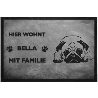 Fußmatte „Hier wohnt“ mit Mops-Motiv, liegend