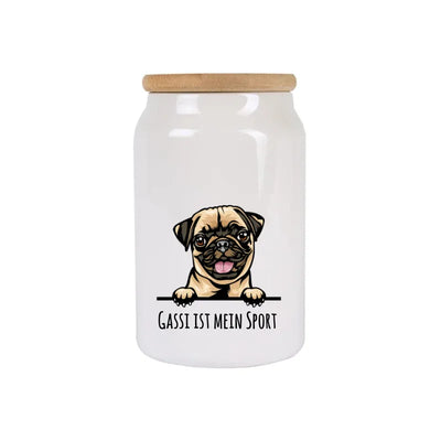 Leckerlidose mit Mops-Motiv, Stilporträt
