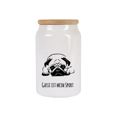 Leckerlidose mit Mops-Motiv, Handgezeichnet, liegend