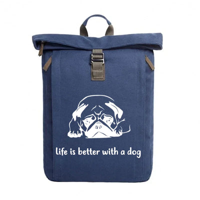Rolltop-Rucksack mit Mops-Motiv, liegend