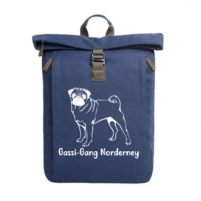 Rolltop-Rucksack mit Mops-Motiv, stehend
