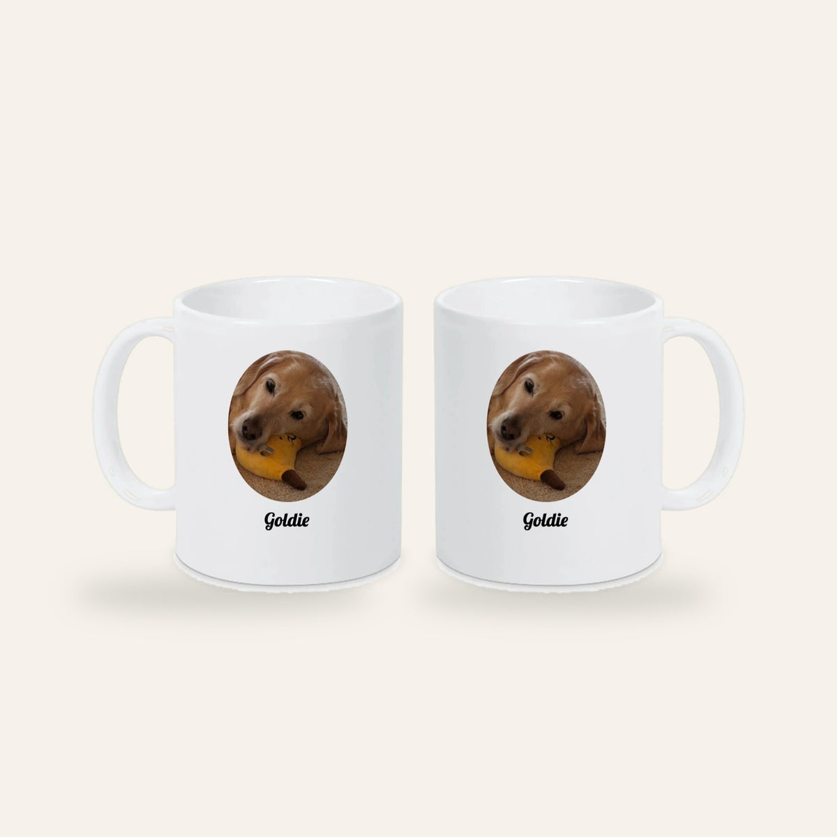 Weiße Fototasse mit Hundefoto im Oval und dem Namen Goldie, Ansicht beider Seiten