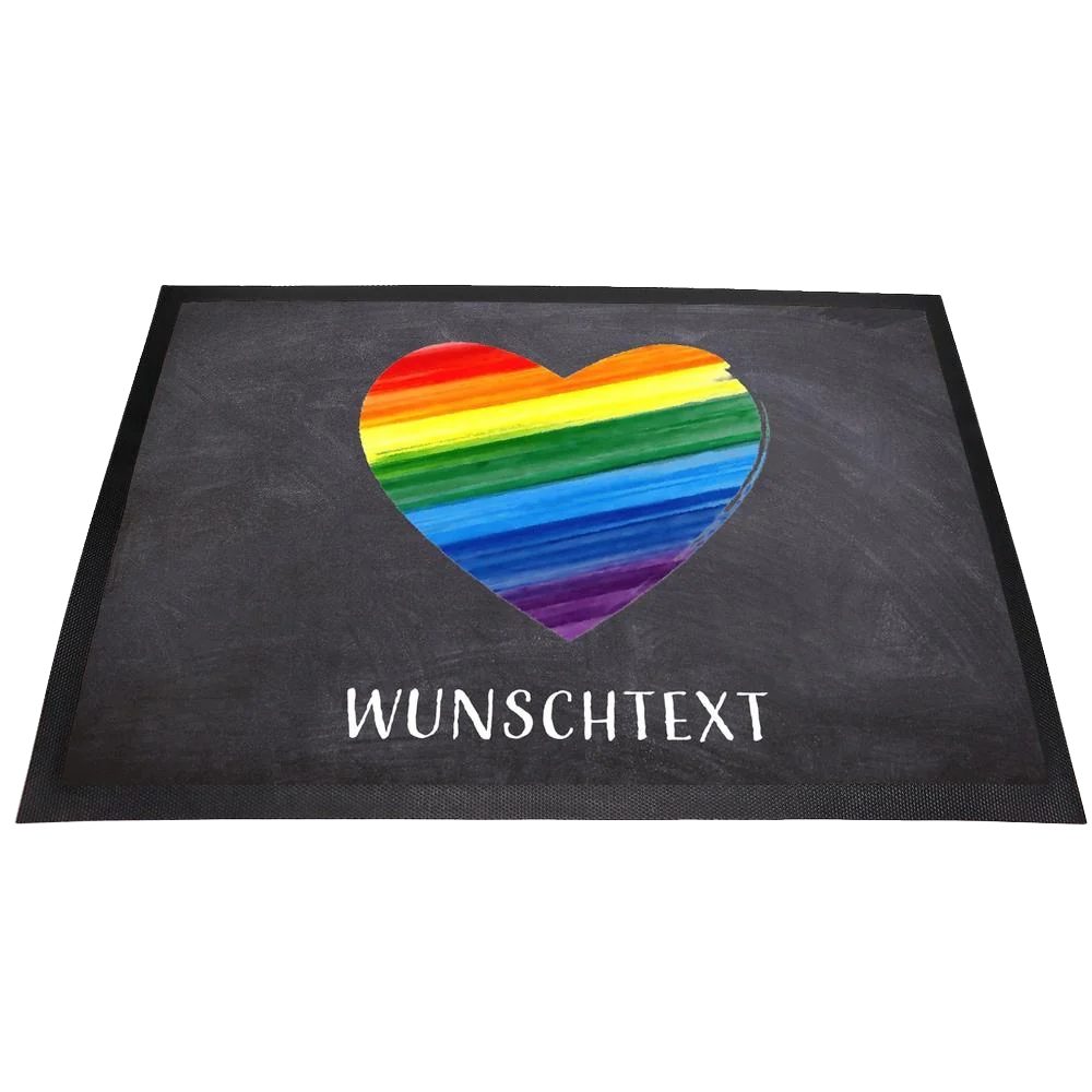 PERSONALISIERTE FUßMATTE MIT TEXT und Regenbogenbild.
