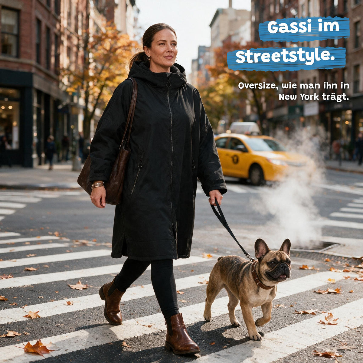 Gassi-Mantel in Schwarz im Streetstyle-Look – Frau mit Französischer Bulldogge auf dem Zebrastreifen