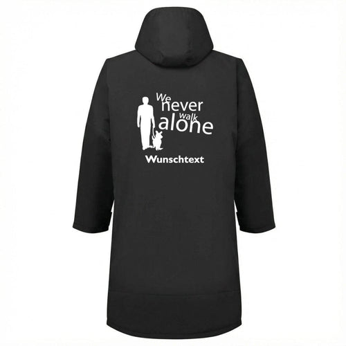 Outdoor Mantel für Hundemenschen, Rückansicht mit Gassi Motiv, schwarz
