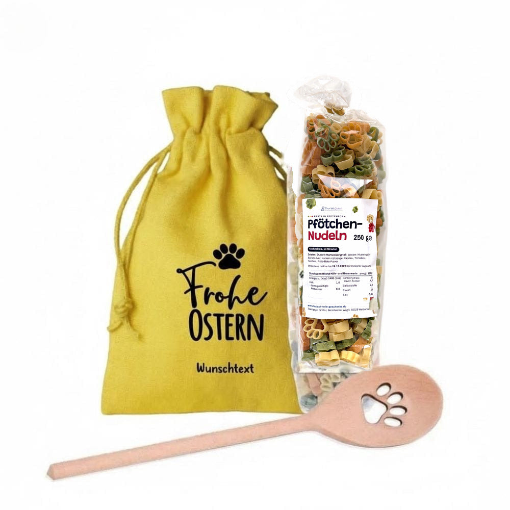 Ostergeschenk für Hundeliebhaber – personalisierbares Geschenkset mit Pfotennudeln & Kochlöffel