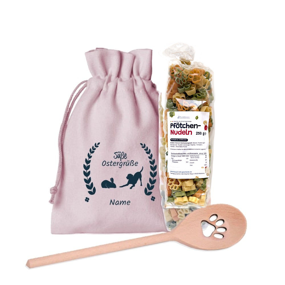 Ostergeschenk für Hundebesitzer – Pfotennudeln-Set mit Kochlöffel & Stoffbeutel (Ostern Hund)