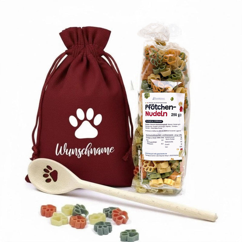 Personalisiertes Geschenk für Hundebesitzer – Pfotennudeln-Set mit Wunschmotiv (Personalisierbarer Beutel)