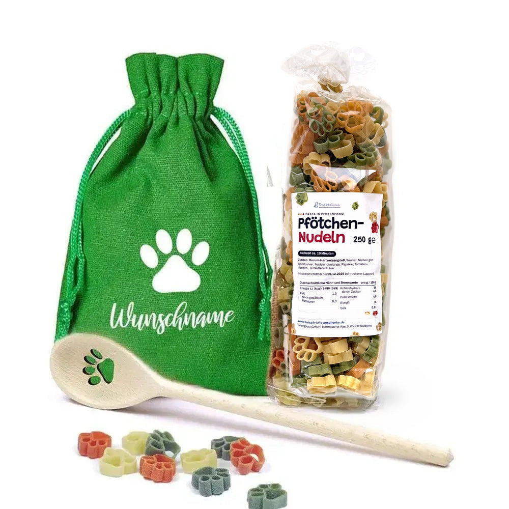 Pfotennudeln-Set als personalisiertes Geschenk für Hundebesitzer – Kochlöffel & Stoffbeutel mit Wunschmotiv