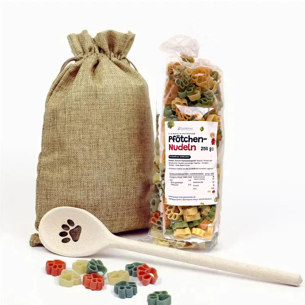 Geschenk für Hundebesitzer – Pfotennudeln-Set mit Kochlöffel & Stoffbeutel (Jute)