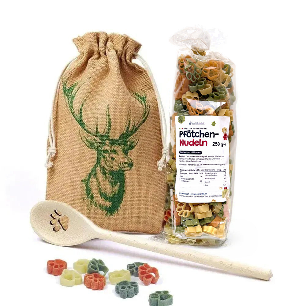 Weihnachtsgeschenk für Hundebesitzer – Pfotennudeln-Set mit Kochlöffel & Stoffbeutel (Jute Hirsch)