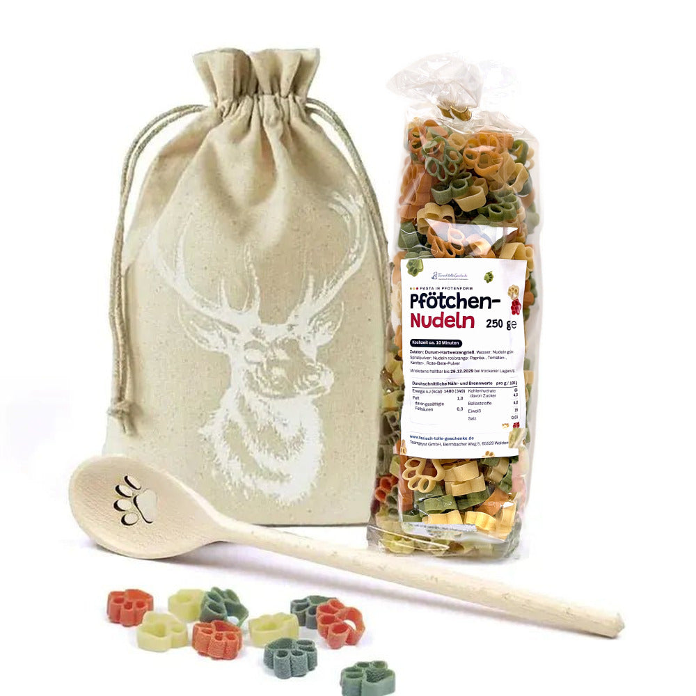 Weihnachtsgeschenk für Hundebesitzer – Pfotennudeln-Set mit Kochlöffel & Stoffbeutel (Hirsch Natur)