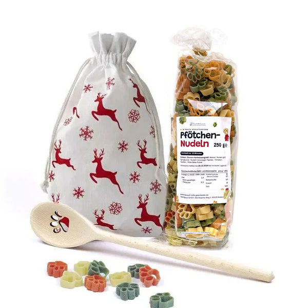 Weihnachtsgeschenk für Hundebesitzer – Pfotennudeln-Set mit Kochlöffel & Stoffbeutel (Rentier)