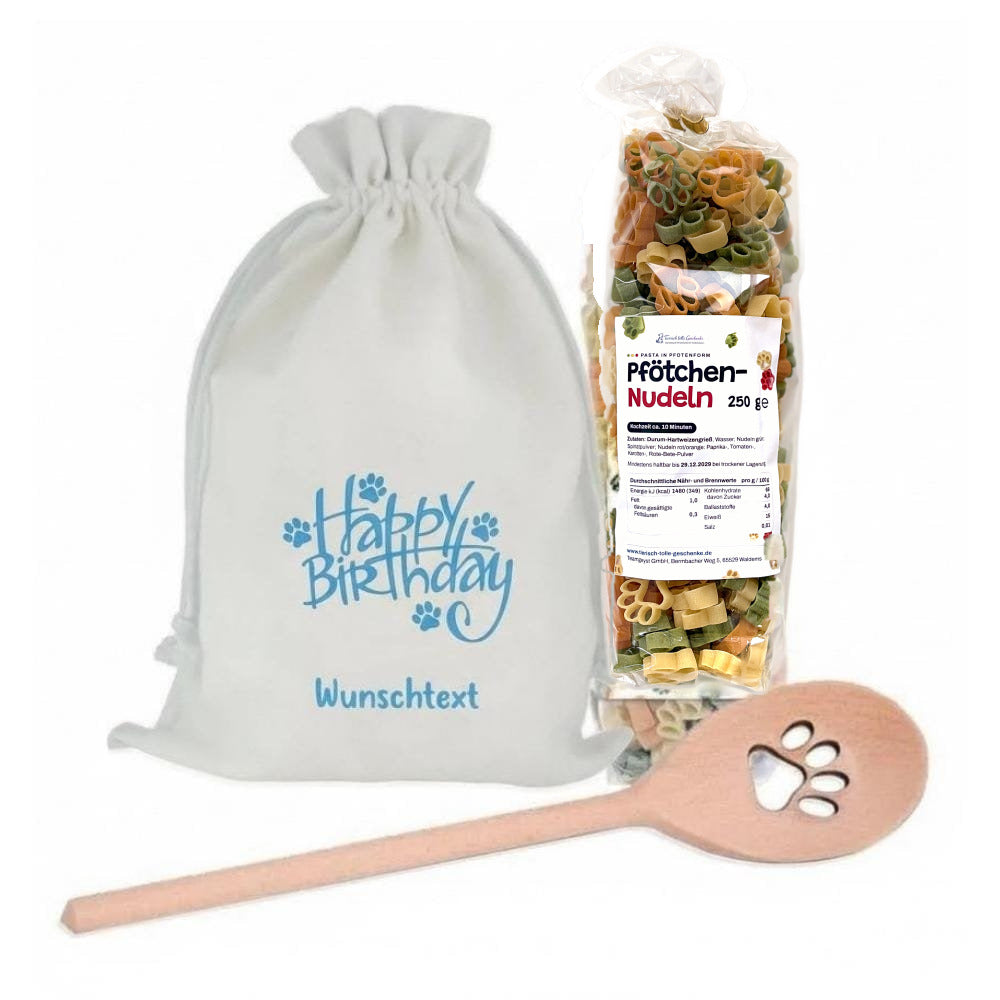 Geburtstagsgeschenk für Hundebesitzer – Pfotennudeln-Set mit Kochlöffel & Stoffbeutel (Happy Birthday)
